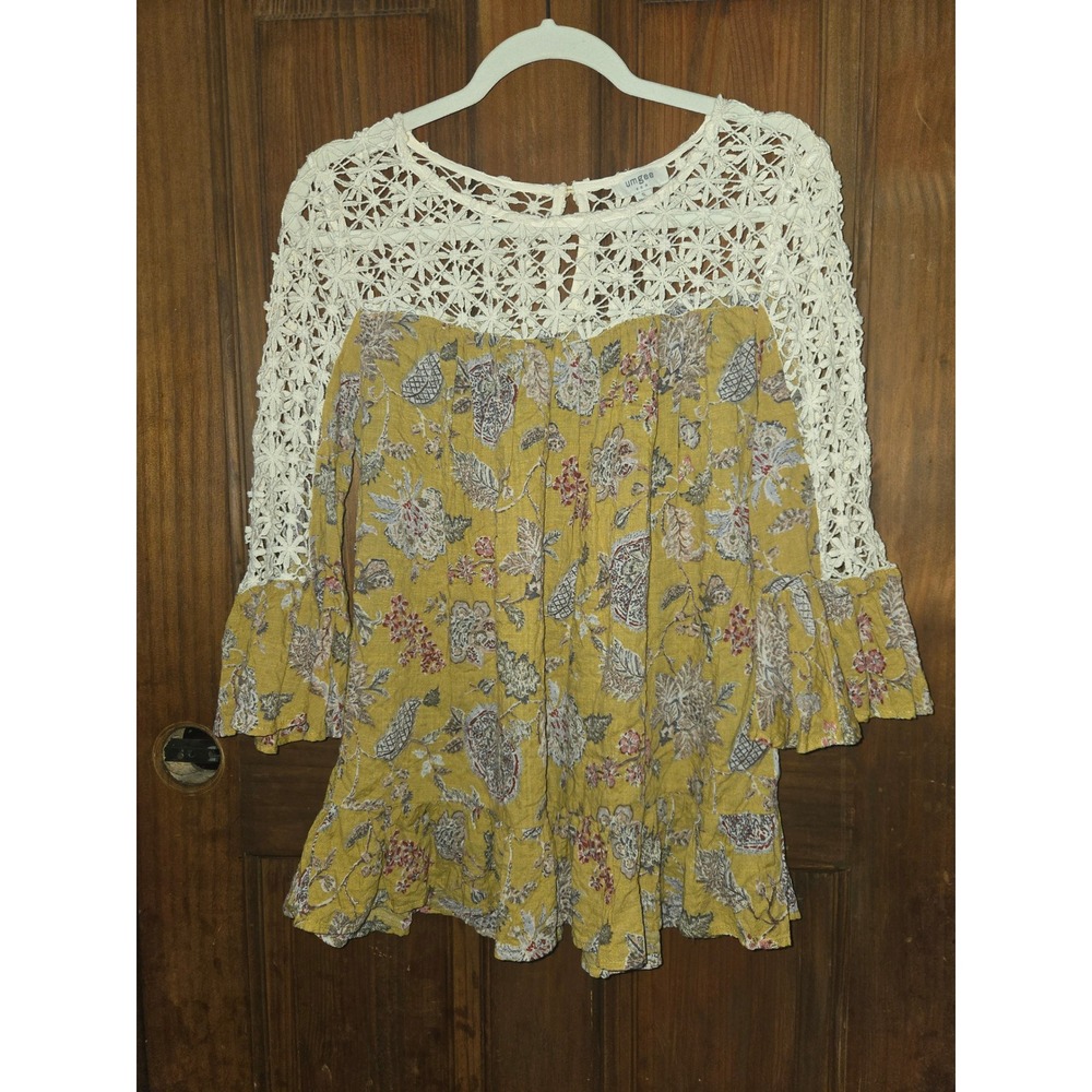 Umgee Mustard Floral Crochet Lace Boho Blouse Bell Sleeve Ruffle Hem A2964 Small - Picture 2 of 5